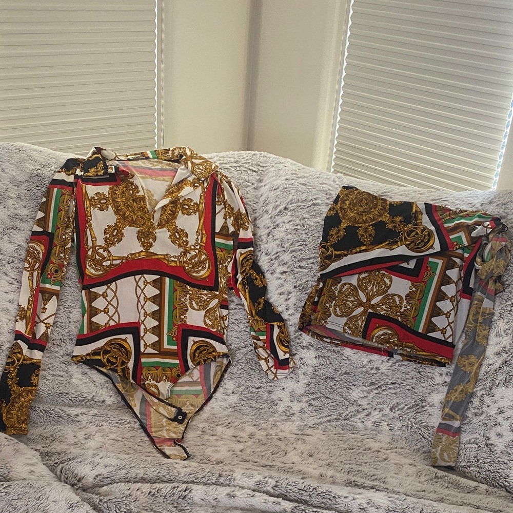 Fashion Nova Gold Black Red Multi-Print Bodysuit & Skirt Set